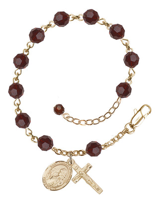 14kt Gold-Filled 6mm Austrian Crystal Saint Finnian of Clonard Rosary Bracelet in Garnet Engraved Catholic Saint Jewelry
