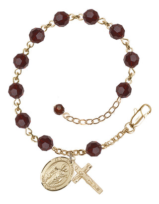 14kt Gold-Filled 6mm Austrian Crystal Saint Wolfgang Rosary Bracelet in Garnet Engraved Catholic Saint Jewelry