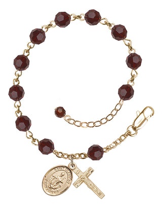 14kt Gold-Filled 6mm Austrian Crystal Saint Clement Rosary Bracelet in Garnet Engraved Catholic Saint Jewelry