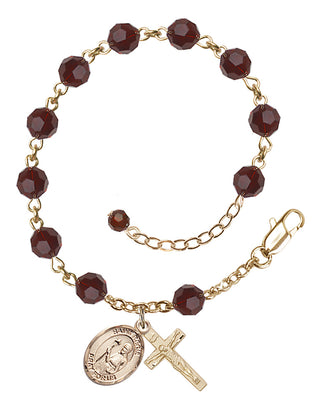 14kt Gold-Filled 6mm Austrian Crystal Saint Regis Rosary Bracelet in Garnet Engraved Catholic Saint Jewelry