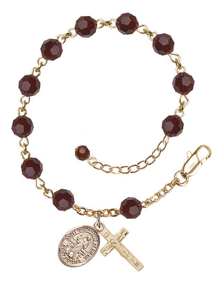 14kt Gold-Filled 6mm Austrian Crystal Saint Bernadine of Sienna Rosary Bracelet in Garnet Engraved Catholic Saint Jewelry
