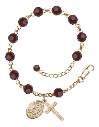 14kt Gold 6mm Austrian Crystal Saint Jason Rosary Bracelet in Garnet Engraved Catholic Saint Jewelry