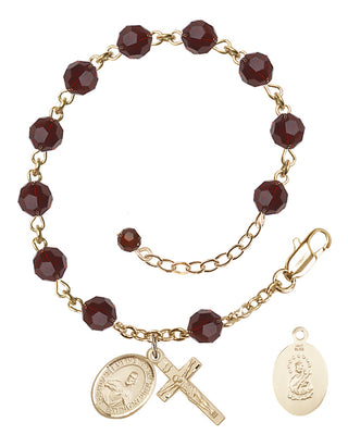 14kt Gold 6mm Austrian Crystal Scapular Rosary Bracelet in Garnet Engraved Catholic Saint Jewelry