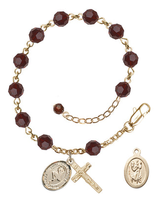 14kt Gold 6mm Austrian Crystal Saint Christopher/Dance Rosary Bracelet in Garnet Engraved Catholic Saint Jewelry