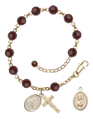 Adjustable 14 Karat Gold 6mm Austrian Crystal Saint Christopher/Softball Rosary Bracelet in Garnet