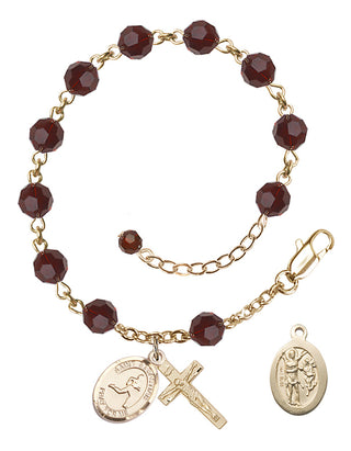 Adjustable 14 Karat Gold 6mm Austrian Crystal Saint Sebastian/Track & Field Rosary Bracelet in Garnet