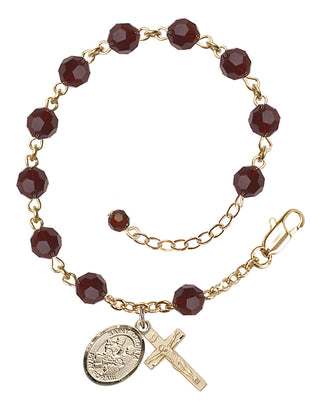 14kt Gold 6mm Austrian Crystal Saint Cecilia / Marching Band Rosary Bracelet in Garnet Engraved Catholic Saint Jewelry