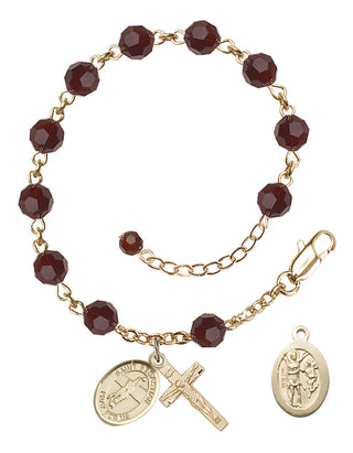 Adjustable 14 Karat Gold 6mm Austrian Crystal Saint Sebastian / Volleyball Rosary Bracelet in Garnet