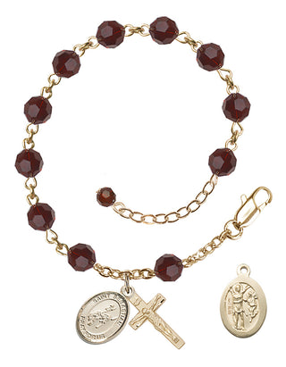 Adjustable 14 Karat Gold 6mm Austrian Crystal Saint Sebastian / Rodeo Rosary Bracelet in Garnet