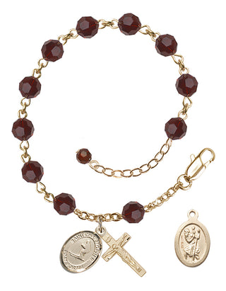 Adjustable 14 Karat Gold 6mm Austrian Crystal Saint Christopher / Skiing Rosary Bracelet in Garnet