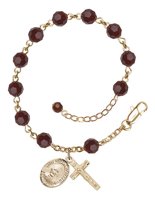 14kt Gold 6mm Austrian Crystal Saint Arnold Janssen Rosary Bracelet in Garnet Engraved Catholic Saint Jewelry