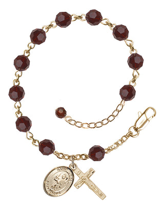 14kt Gold 6mm Austrian Crystal Saint Uriel the Archangel Rosary Bracelet in Garnet Engraved Catholic Saint Jewelry