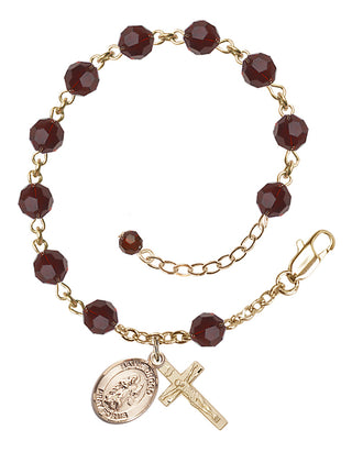 14kt Gold 6mm Austrian Crystal Saint Drogo Rosary Bracelet in Garnet Engraved Catholic Saint Jewelry
