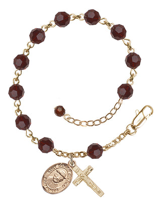 14kt Gold 6mm Austrian Crystal Saint Damien of Molokai Rosary Bracelet in Garnet Engraved Catholic Saint Jewelry