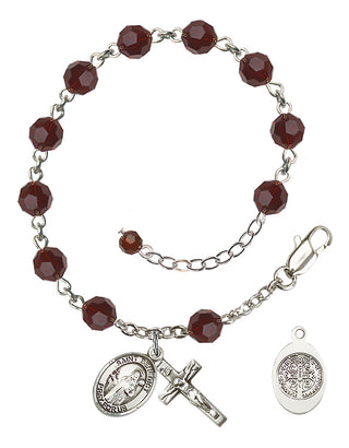 Sterling Silver 6mm Austrian Crystal St. Benedict Rosary Bracelet in Garnet | Engravable