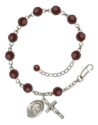 Sterling Silver 6mm Austrian Crystal Saint Dymphna Rosary Bracelet in Garnet Engraved Catholic Saint Jewelry