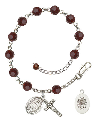 Sterling Silver 6mm Austrian Crystal Miraculous Rosary Bracelet in Garnet Engraved Catholic Saint Jewelry
