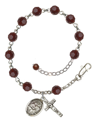 Sterling Silver 6mm Austrian Crystal Saints Cosmas & Damian Rosary Bracelet in Garnet Engraved Catholic Saint Jewelry