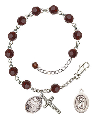 Adjustable Sterling Silver 6mm Austrian Crystal Saint Christopher/Volleyball Rosary Bracelet in Garnet
