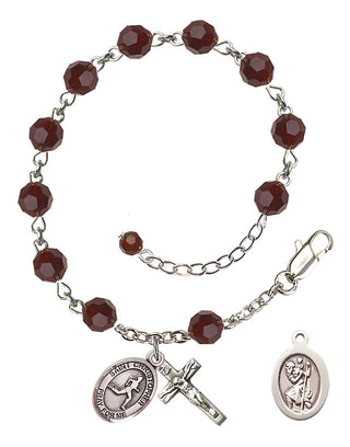 Sterling Silver 6mm Austrian Crystal Saint Christopher/Track & Field Rosary Bracelet in Garnet Engraved Catholic Saint Jewelry
