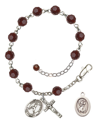 Adjustable Sterling Silver 6mm Austrian Crystal Saint Christopher/Baseball Rosary Bracelet in Garnet