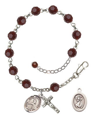 Adjustable Sterling Silver 6mm Austrian Crystal Saint Christopher/Football Rosary Bracelet in Garnet