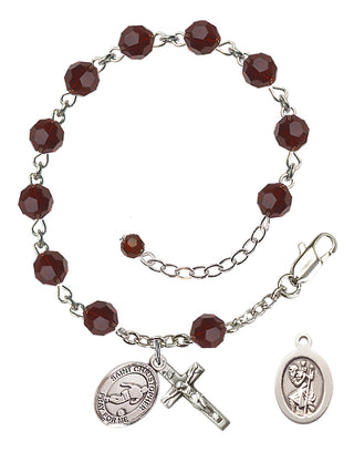 Adjustable Sterling Silver 6mm Austrian Crystal Saint Christopher/Soccer Rosary Bracelet in Garnet