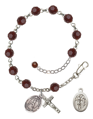 Adjustable Sterling Silver 6mm Austrian Crystal Saint Sebastian/Baseball Rosary Bracelet in Garnet