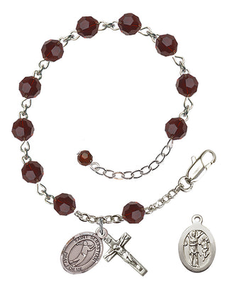 Adjustable Sterling Silver 6mm Austrian Crystal Saint Sebastian/Golf Rosary Bracelet in Garnet