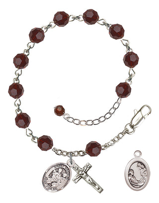 Sterling Silver 6mm Austrian Crystal Saint Cecilia / Marching Band Rosary Bracelet in Garnet Engraved Catholic Saint Jewelry