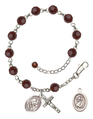 Adjustable Sterling Silver 6mm Austrian Crystal Saint Christopher/Surfing Rosary Bracelet in Garnet