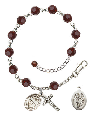 Adjustable Sterling Silver 6mm Austrian Crystal Saint Sebastian / Volleyball Rosary Bracelet in Garnet