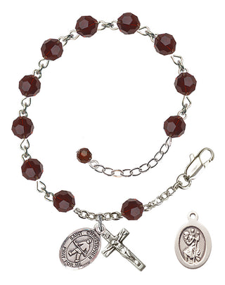 Sterling Silver 6mm Austrian Crystal Saint Christopher / Field Hockey Rosary Bracelet in Garnet Engraved Catholic Saint Jewelry