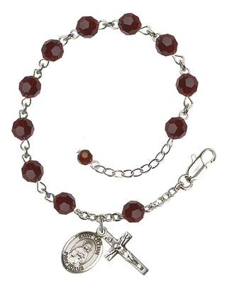 Sterling Silver 6mm Austrian Crystal Saint Lillian Rosary Bracelet in Garnet Engraved Catholic Saint Jewelry