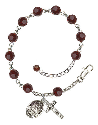 Sterling Silver 6mm Austrian Crystal Our Lady of San Juan Rosary Bracelet in Garnet Engraved Catholic Saint Jewelry