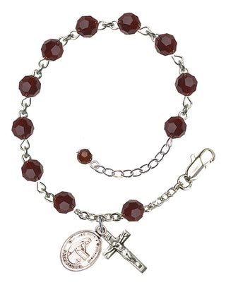Sterling Silver 6mm Austrian Crystal Bl. Emilee Doultremont Rosary Bracelet in Garnet Engraved Catholic Saint Jewelry