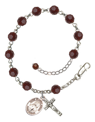 Sterling Silver 6mm Austrian Crystal Saint Jeanne Jugan Rosary Bracelet in Garnet Engraved Catholic Saint Jewelry