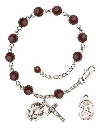 Sterling Silver 6mm Austrian Crystal Guardian Angel/Dance Rosary Bracelet in Garnet Engraved Catholic Saint Jewelry