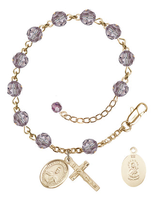 14kt Gold-Filled 6mm Austrian Crystal Scapular Rosary Bracelet in Light Amethyst Engraved Catholic Saint Jewelry
