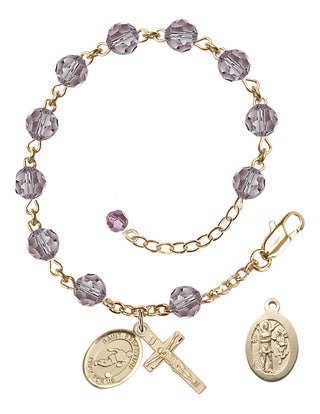 Adjustable 14 Karat Gold-Filled 6mm Austrian Crystal Saint Sebastian/Soccer Rosary Bracelet in Light Amethyst