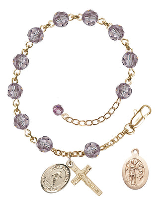 Adjustable 14 Karat Gold-Filled 6mm Austrian Crystal Saint Sebastian / Rugby Rosary Bracelet in Light Amethyst