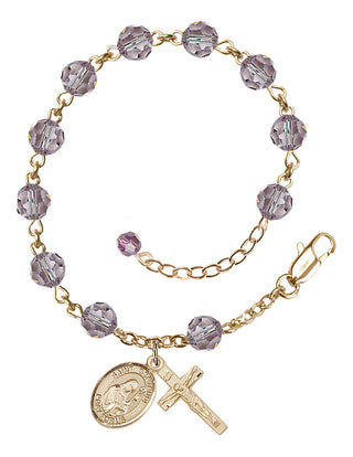 14kt Gold-Filled 6mm Austrian Crystal Saint Gertrude of Nivelles Rosary Bracelet in Light Amethyst Engraved Catholic Saint Jewelry