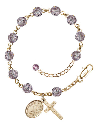 14kt Gold-Filled 6mm Austrian Crystal Footprints / Cross Rosary Bracelet in Light Amethyst Engraved Catholic Saint Jewelry