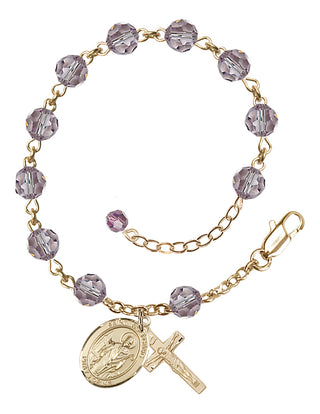 14kt Gold-Filled 6mm Austrian Crystal Saint Wolfgang Rosary Bracelet in Light Amethyst Engraved Catholic Saint Jewelry