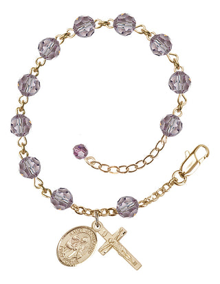 14kt Gold-Filled 6mm Austrian Crystal Saint Januarius Rosary Bracelet in Light Amethyst Engraved Catholic Saint Jewelry