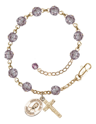 14kt Gold-Filled 6mm Austrian Crystal Bl. Miguel Pro Rosary Bracelet in Light Amethyst Engraved Catholic Saint Jewelry
