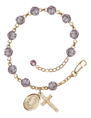 14kt Gold 6mm Austrian Crystal Saint Cecilia Rosary Bracelet in Light Amethyst Engraved Catholic Saint Jewelry