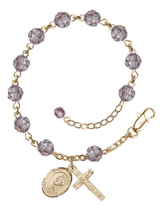 14kt Gold 6mm Austrian Crystal Saint Florian Rosary Bracelet in Light Amethyst Engraved Catholic Saint Jewelry