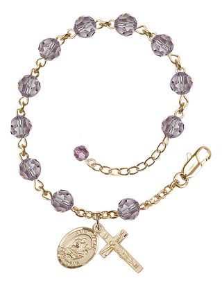 14kt Gold 6mm Austrian Crystal Saint Jason Rosary Bracelet in Light Amethyst Engraved Catholic Saint Jewelry