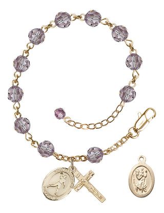Adjustable 14 Karat Gold 6mm Austrian Crystal Saint Christopher/Football Rosary Bracelet in Light Amethyst